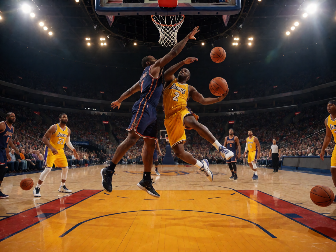 NBA职业篮球联赛比赛现场，球员激烈对抗